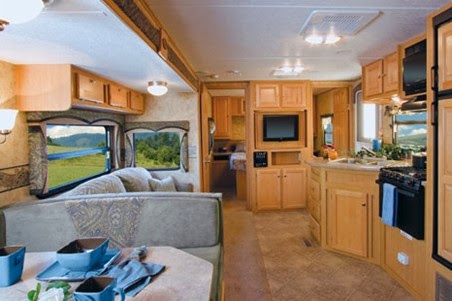 inside trailer with decorative counters and woodwork