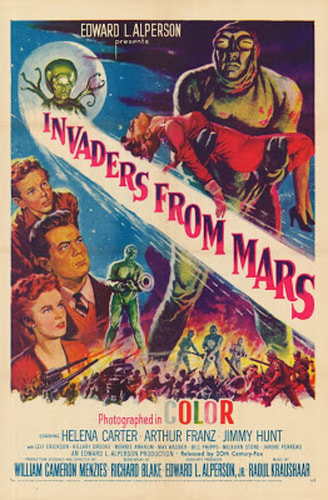 Poster for Invaders from Mars movie. Alien carrying a woman. Others frightened.